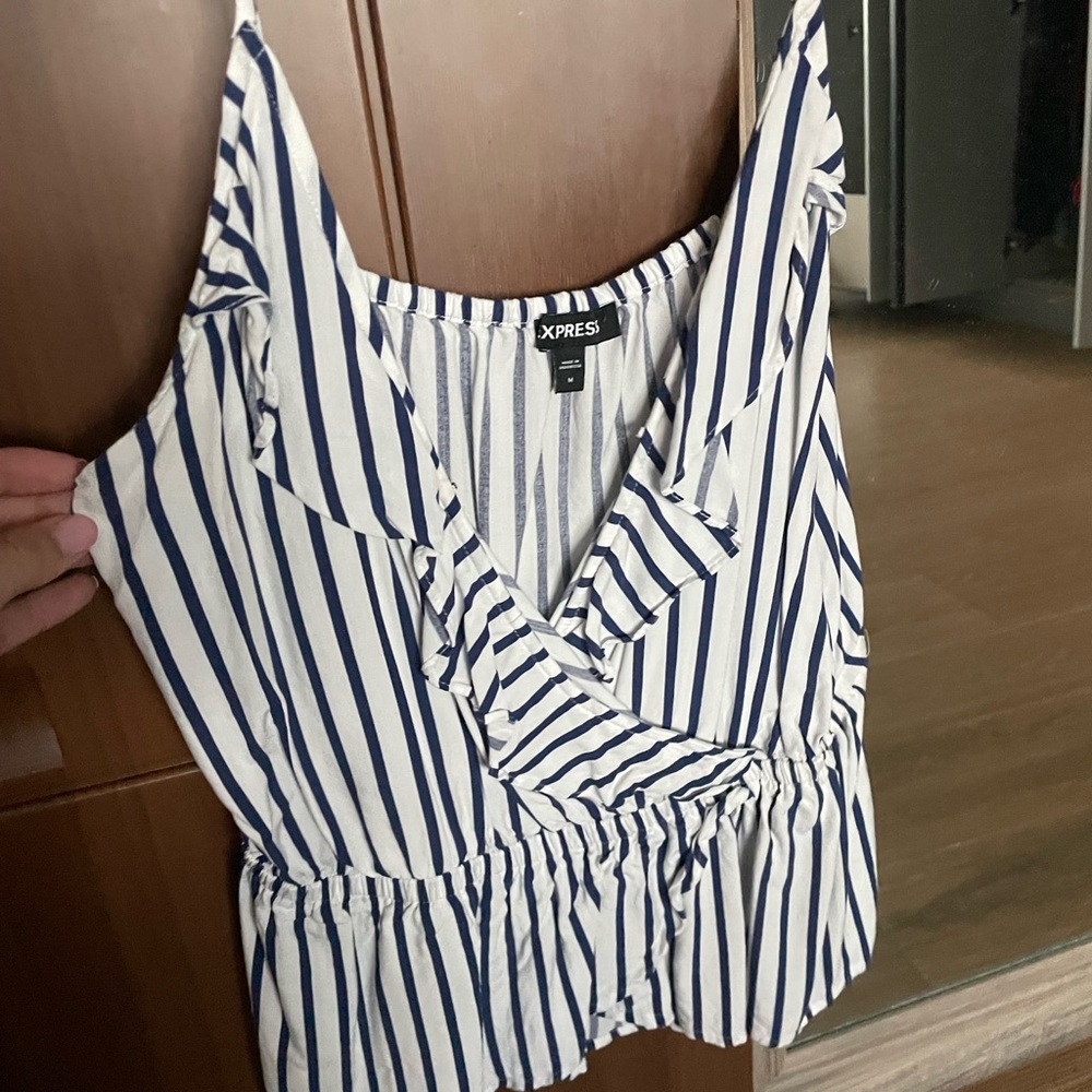 Express Women's Navy and White Striped Ruffle Top